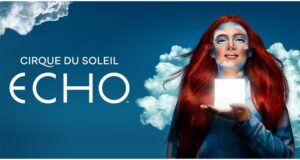 Cirque du Soleil Echo Logo and cover photo for new show in 2024. Red head woman with clouds and blue background holding a glowing white box.